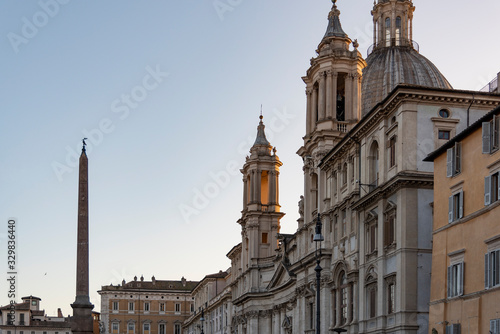 The dome of the church of S.Agnese in Agone, Rome, Italy. The Agonal obelisk, made of granite. Famous monuments of Baroque Rome.