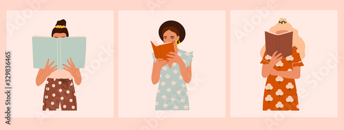 Set of three Girls that are reading Books while standing. Young women. Beautiful dresses with prints. Read more books concept. Hand drawn Vector trendy illustration. Pastel colors