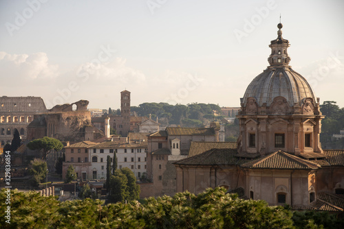 Panorama from the Vittoriano terrace, Rome, Italy. Top view of the Roman Forum with a view of the Colosseum and Basilica of Maxentius.