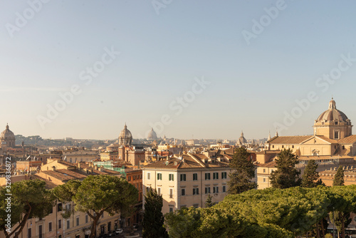 Panorama from the Vittoriano terrace, Rome, Italy. Top view of the Roman Forum with a view of the Colosseum and Basilica of Maxentius.