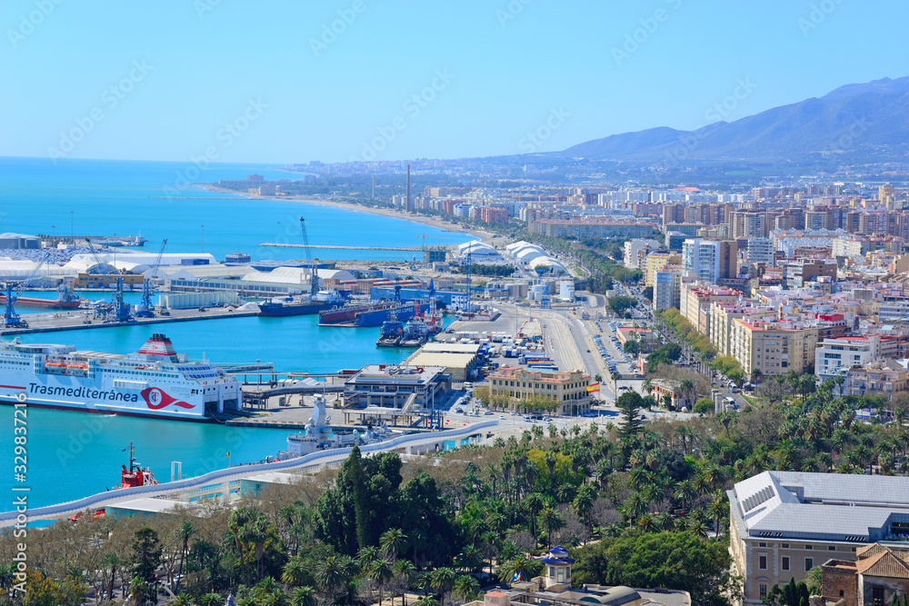 Malaga, Spain - March 4, 2020: View of the city of Malaga next to its Port.