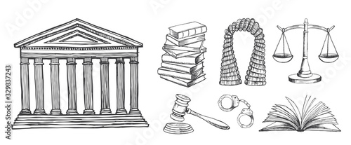Law symbols set. Vector hand drawn illustration.	