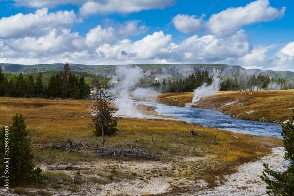 Steam of hot springs at yellowstone national park