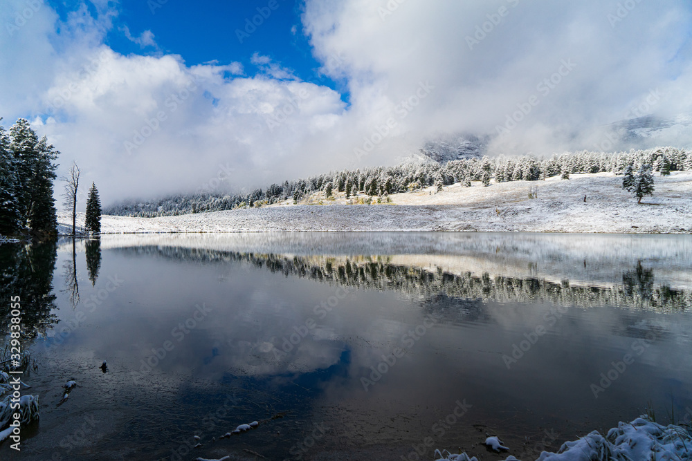 snowy lake at yellowstone national park
