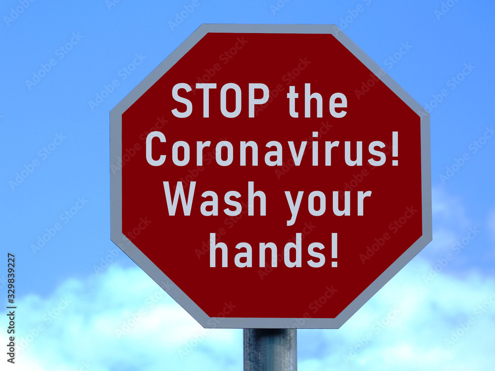 red and white road stop sign design Coronavirus label. importance of handwash to avoid the disease. virus hazard warning, official name COVID-19. illustration style raster image. blue sky background red and white road stop sign design Coronavirus label. importance of handwash to avoid the disease. virus hazard warning, official name COVID-19. illustration style raster image. blue sky background
