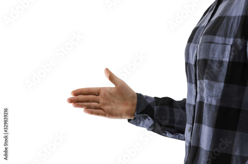 business woman shows a hand gesture on a white background. Copy space.