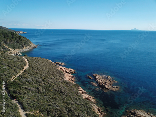 Drone view of Elba island southern coastline (Campo nell'Elba). Tuscany, Italy
