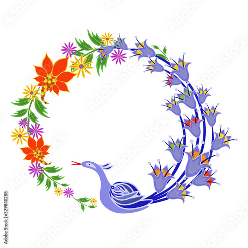 Vector floral wreath. Traditional Mexican folk style illustration with bright colorful flowers, green leaves and blue fantastic bird. Circle border. Design for prints, holiday decoration, card, banner