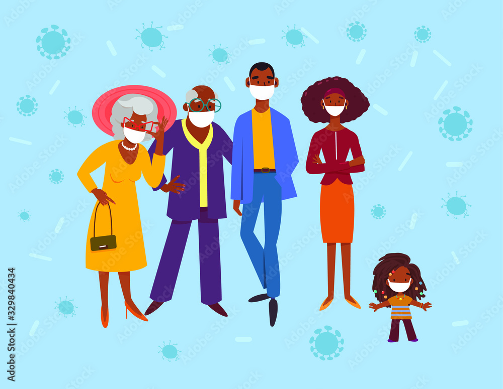 Fototapeta premium Dark skin family wearing medical masks. Black african group of diverse ages wearing face protection to prevent spread of virus, disease, flu, gas mask.