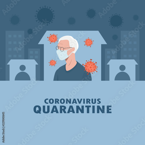 pandemic of coronavirus and social distancing concept. staying at home with self quarantine to help stop outbreak and protect virus spread. older man wearing medical mask in his home.