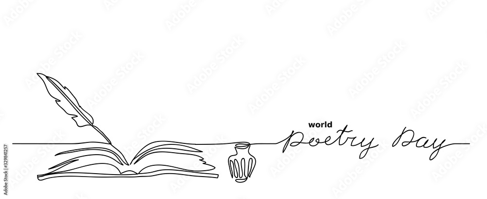 World poetry day minimalist vector sketch, web background with feather ...