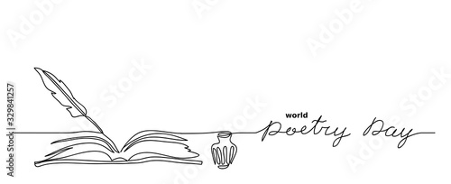 World poetry day minimalist vector sketch, web background with feather, inkwell, and book. Lettering poetry day. One continuous line drawing photo