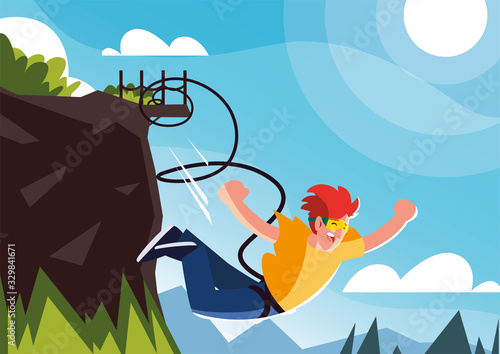 man jumping off with a rope, extreme sport
