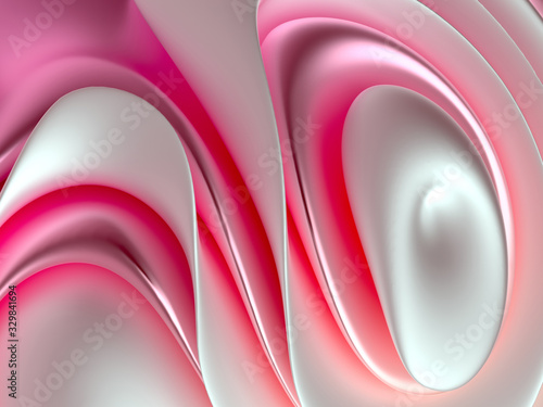 3d render of abstract 3d art background texture with abstract curved organic smooth soft forms in red and hot pink colors in white matte plastic and glossy metal materials 