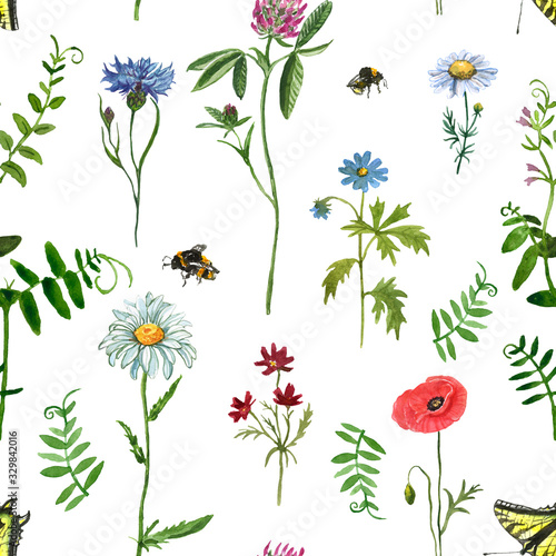 Wild flowers seamles pattern. Watercolor hand drawn red poppy, blue cornflower, pink clover, daisy, green sweet mouse peas, Botanical floral wallpapers. Summer field with bees, butterfly illustration