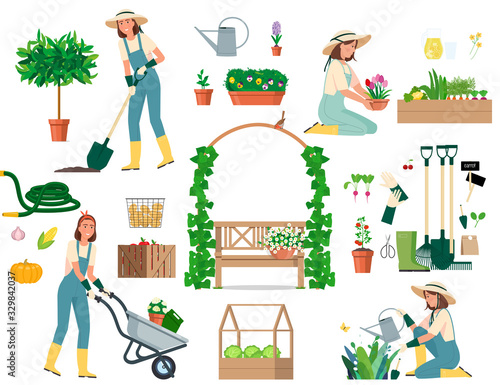 Set girl in overalls works in the garden.