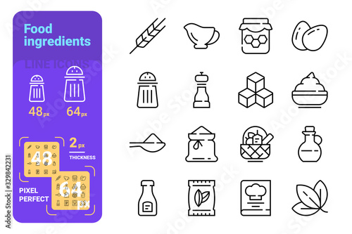 Food ingredients and tableware line icons set