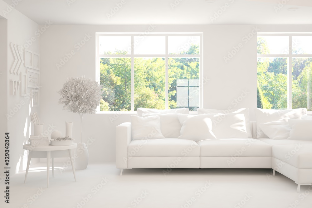 Mock up of stylish room in white color with sofa and green landscape in window. Scandinavian interior design. 3D illustration Mock up of stylish room in white color with sofa and green landscape in window. Scandinavian interior design. 3D illustration
