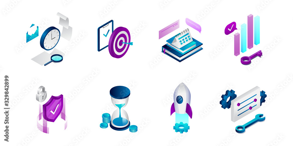 Isometric 3D Business Icons Set. Time Management, Creative Thinking, Brainstorming Concept. Concept Of Launhing New Business Or Startup on Time. Vector Illustration Isolated On The White Background Isometric 3D Business Icons Set. Time Management, Creative Thinking, Brainstorming Concept. Concept Of Launhing New Business Or Startup on Time. Vector Illustration Isolated On The White Background