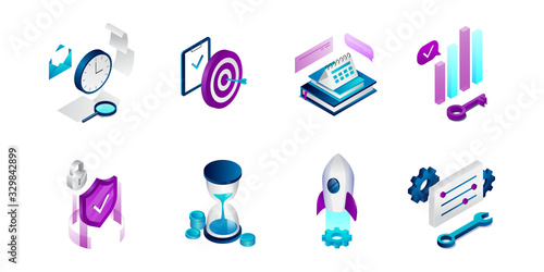 Isometric 3D Business Icons Set. Time Management, Creative Thinking, Brainstorming Concept. Concept Of Launhing New Business Or Startup on Time. Vector Illustration Isolated On The White Background