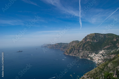 Aerial view of Positano town and Amalfi coast from 