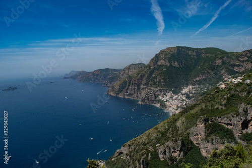 Aerial view of Positano town and Amalfi coast from 