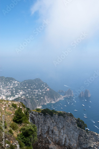 Panoramic view from the hill of Capri island, South Italy.