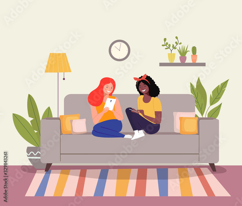 Girlfriends are sitting on the sofa with smartphones. Vector flat style illustration