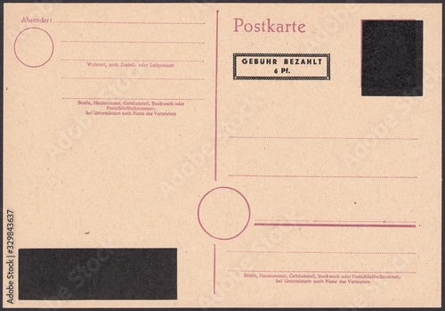 Old postal card with a standard stamp Control District Zone allied occupation, Germany circa 1945