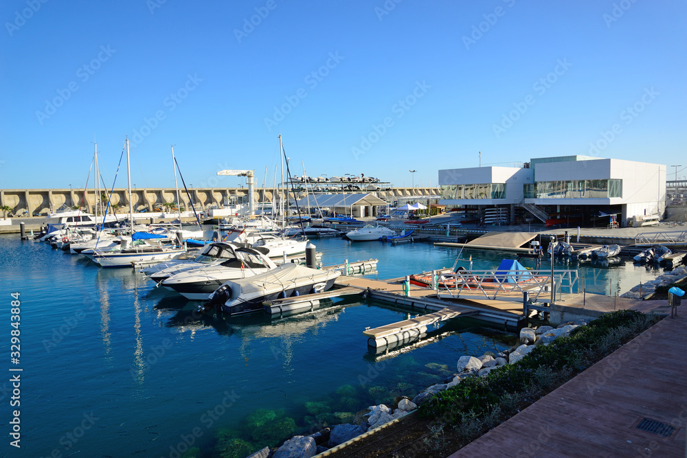 Malaga, Spain - March 4, 2020: Boats of the Real Club Mediterraneo of the City of Malaga.