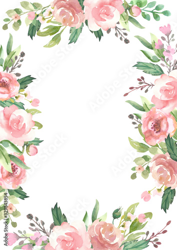 Watercolor floral illustration - leaves and branches frame with flowers and leaves for wedding stationary, greetings, wallpapers, background. Roses,  green leaves.