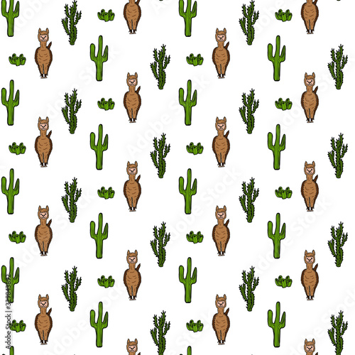 Cute lamas and alpacas. Funny animals isolated on white. Alpaca pattern. Cactus