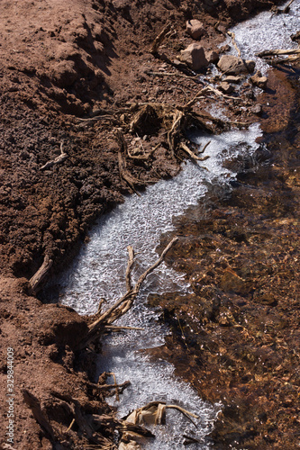ice on the surface of a clear stream running through stony ground with dry roots sticking out