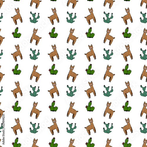 Cute lamas and alpacas. Funny animals isolated on white. Alpaca pattern. Cactus