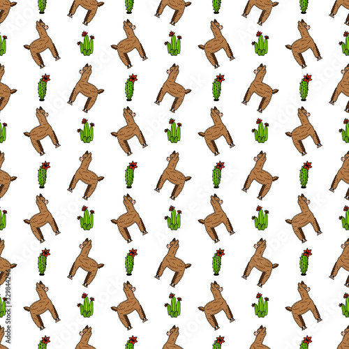 Cute lamas and alpacas. Funny animals isolated on white. Alpaca pattern. Cactus