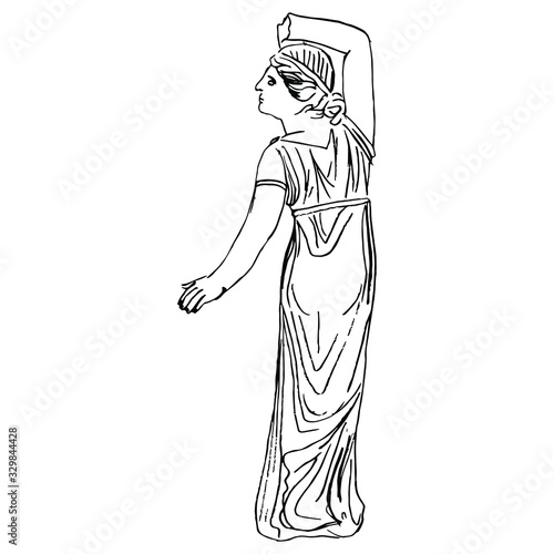 Isolated vector illustration. Ancient Greek female sculpture. Standing girl or nymph from back. Hand drawn linear doodle ink sketch. Black silhouette on white background.