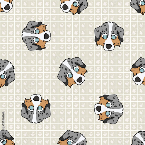 Hand drawn cute australian shepherd breed puppy face seamless vector pattern. Purebred pedigree domestic dog paw background. Dog lover Australia hunting pet all over print. Kennel pooch. EPS 10.  photo