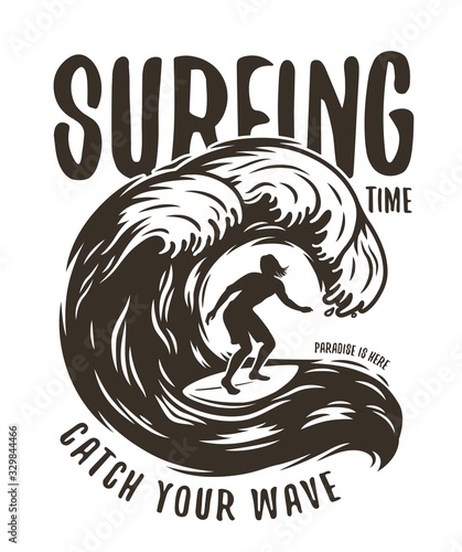Silhouette of a man on a wave on surfing board