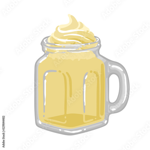 Glass square cup of milkshake with vanilla or banana taste and with whipped cream on the top