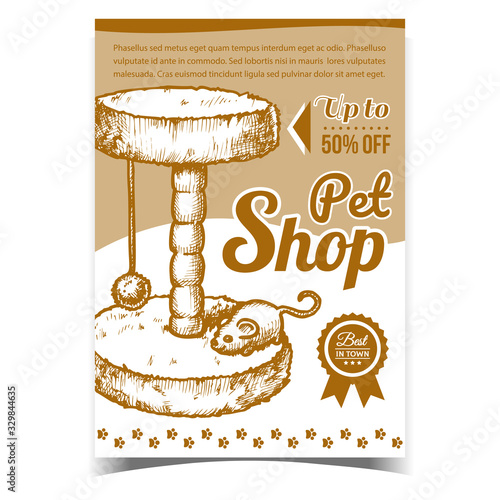 Pet Shop Cat Accessory Advertising Poster Vector. Domestic Scratcher Cat Claw Sharpener With Mouse Toy On Creative Banner. Playing Equipment Layout Designed In Vintage Style Monochrome Illustration