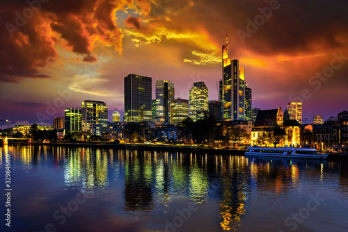 The skyline of Frankfurt am Main with flaming red evening sky