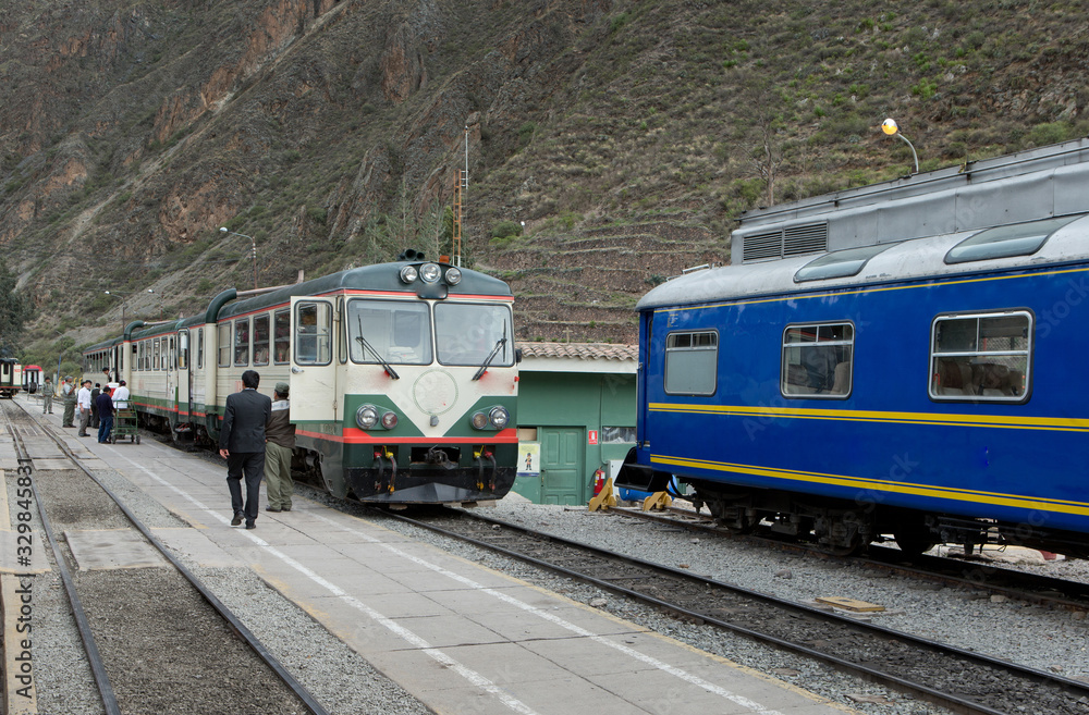 Trains to Machu Picchu Incan citadel. Andes Mountains Peru. Ollantaytambo