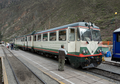 Trains to Machu Picchu Incan citadel. Andes Mountains Peru. Ollantaytambo. Railway