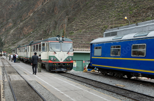Trains to Machu Picchu Incan citadel. Andes Mountains Peru. Ollantaytambo