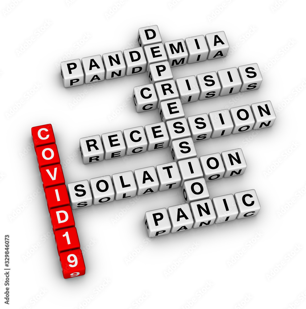 COVID19 Pandemia global crisis. 3D crossword puzzle COVID19 Pandemia global crisis. 3D crossword puzzle