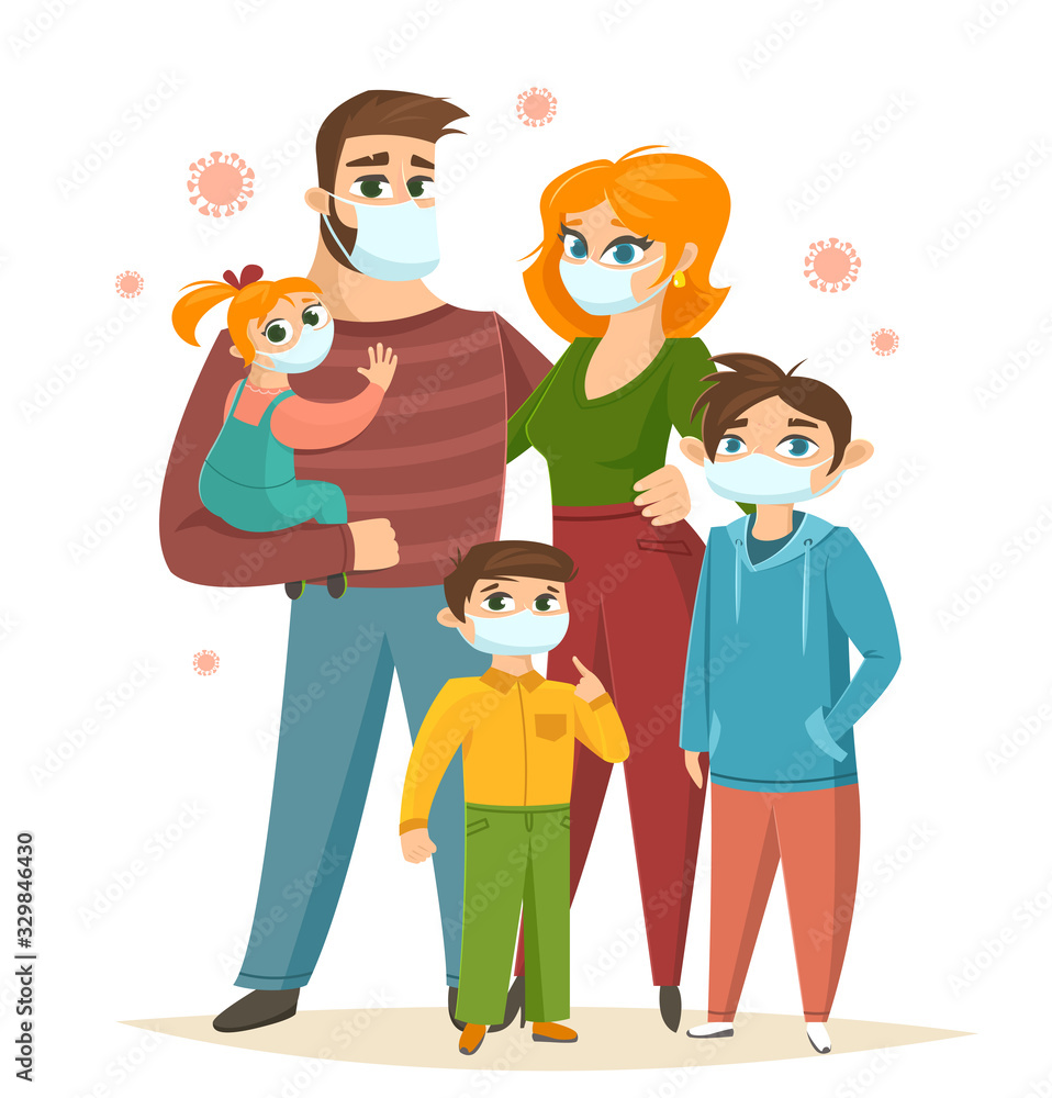 Big family wearing surgical mask, Coronavirus protection, vector illustration Big family wearing surgical mask, Coronavirus protection, vector illustration