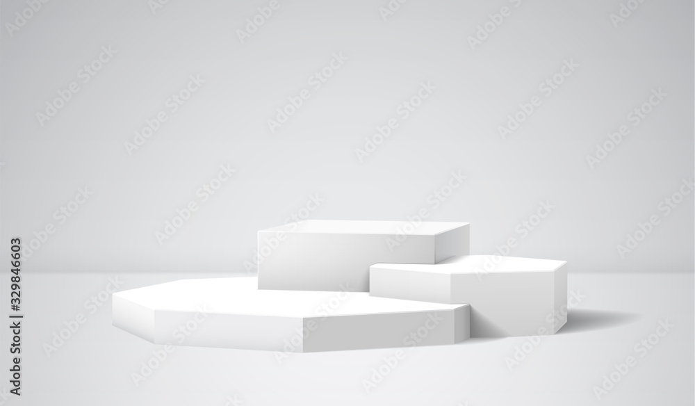 Pedestal with 3D cube, polygons and realistic shadow in the room Pedestal with 3D cube, polygons and realistic shadow in the room