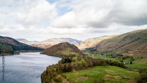 Thirlmere and Great How, Lake District, England. Aerial view over Thirlmere reservoir with the mound of Great How in the centre of the frame.