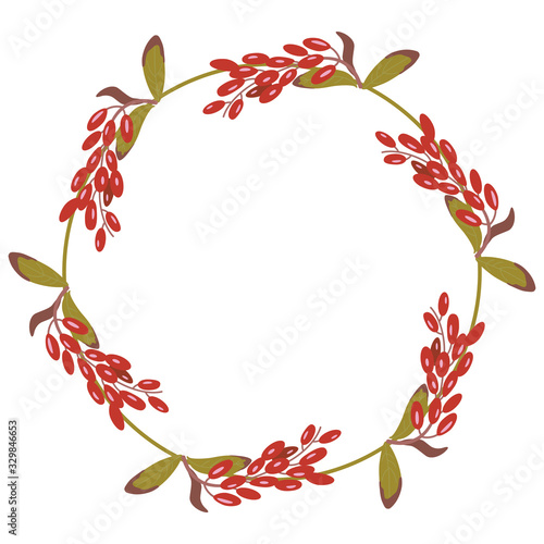 Isolated vector illustration. Round floral frame with six branches of dogwood or barberry plant with red berries. (Cornus or Berberis).