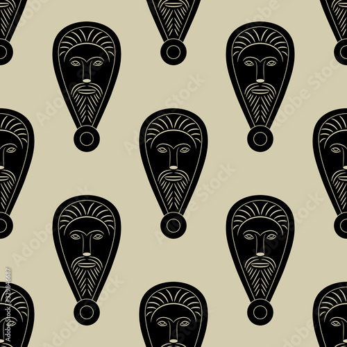 Seamless geometrical monochrome pattern with Celtic masks of bearded man.